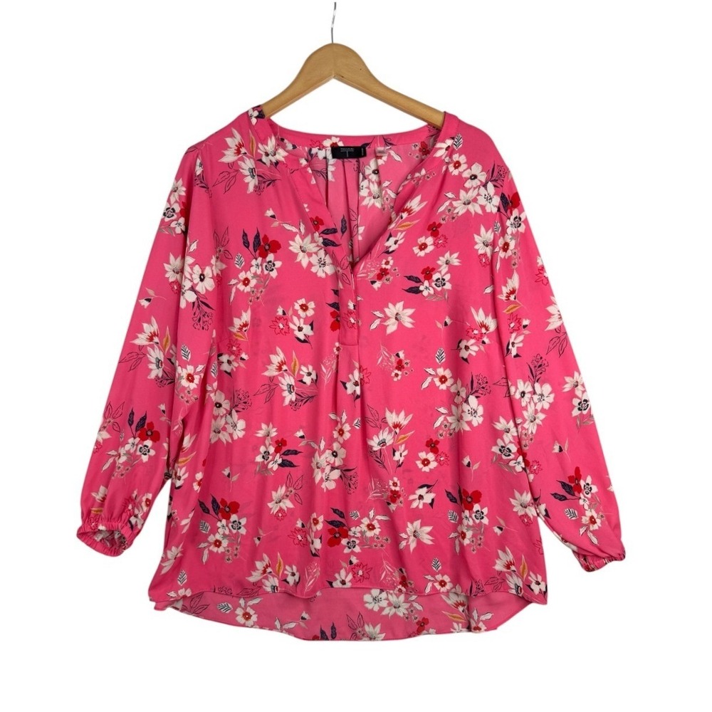 T Tahari Womens V Neck Floral Print Blouse Size 1X Pink Long Sleeve